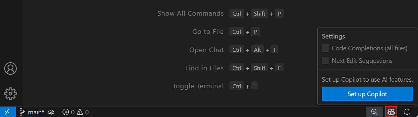 Status Bar and select Set up Copilot